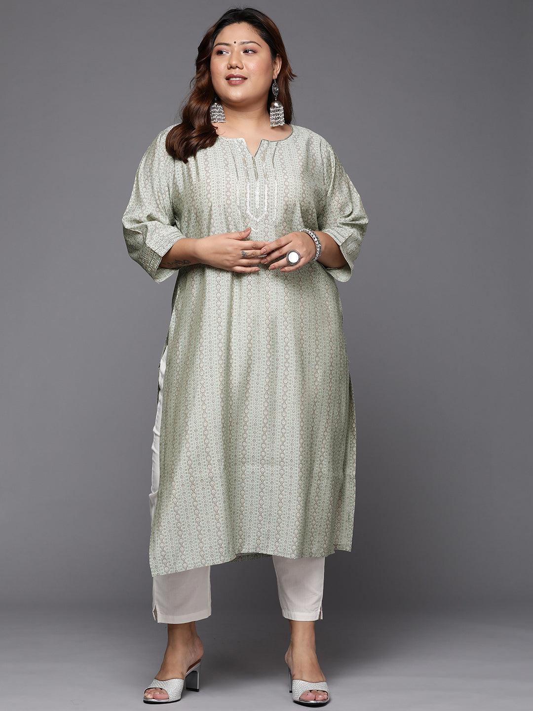 Plus Size Grey Printed Silk Straight Kurta