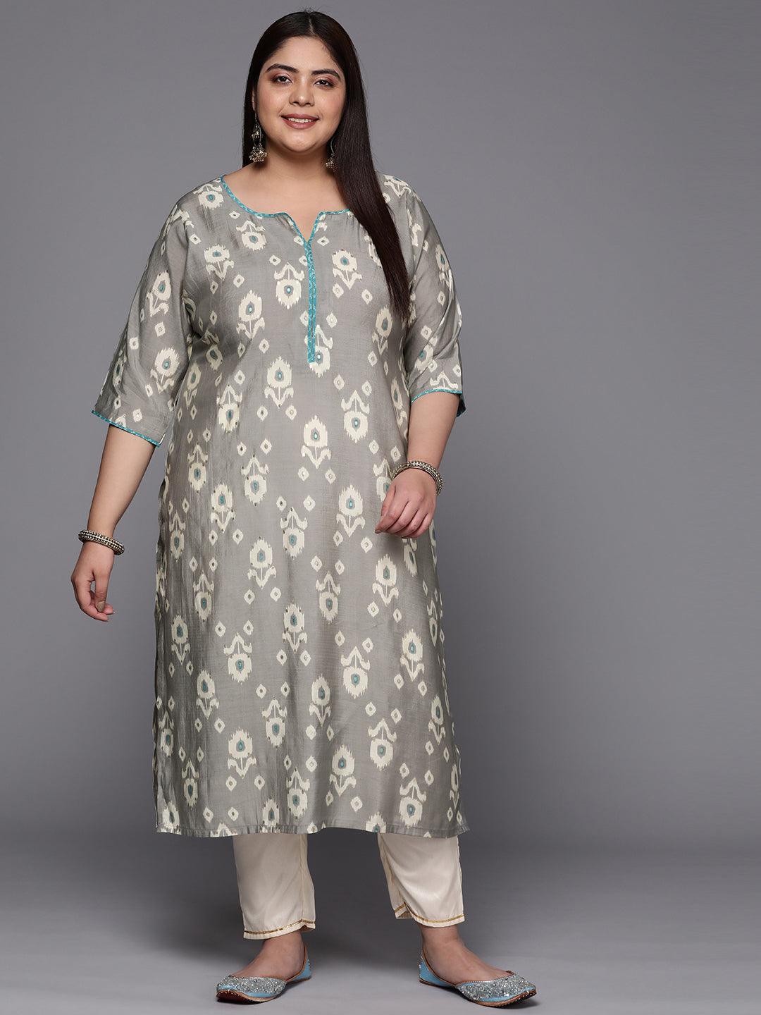 Plus Size Grey Printed Silk Straight Kurta