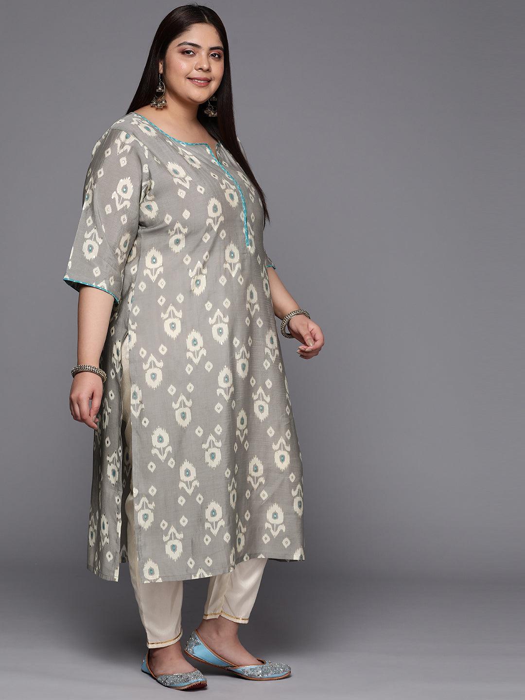 Plus Size Grey Printed Silk Straight Kurta