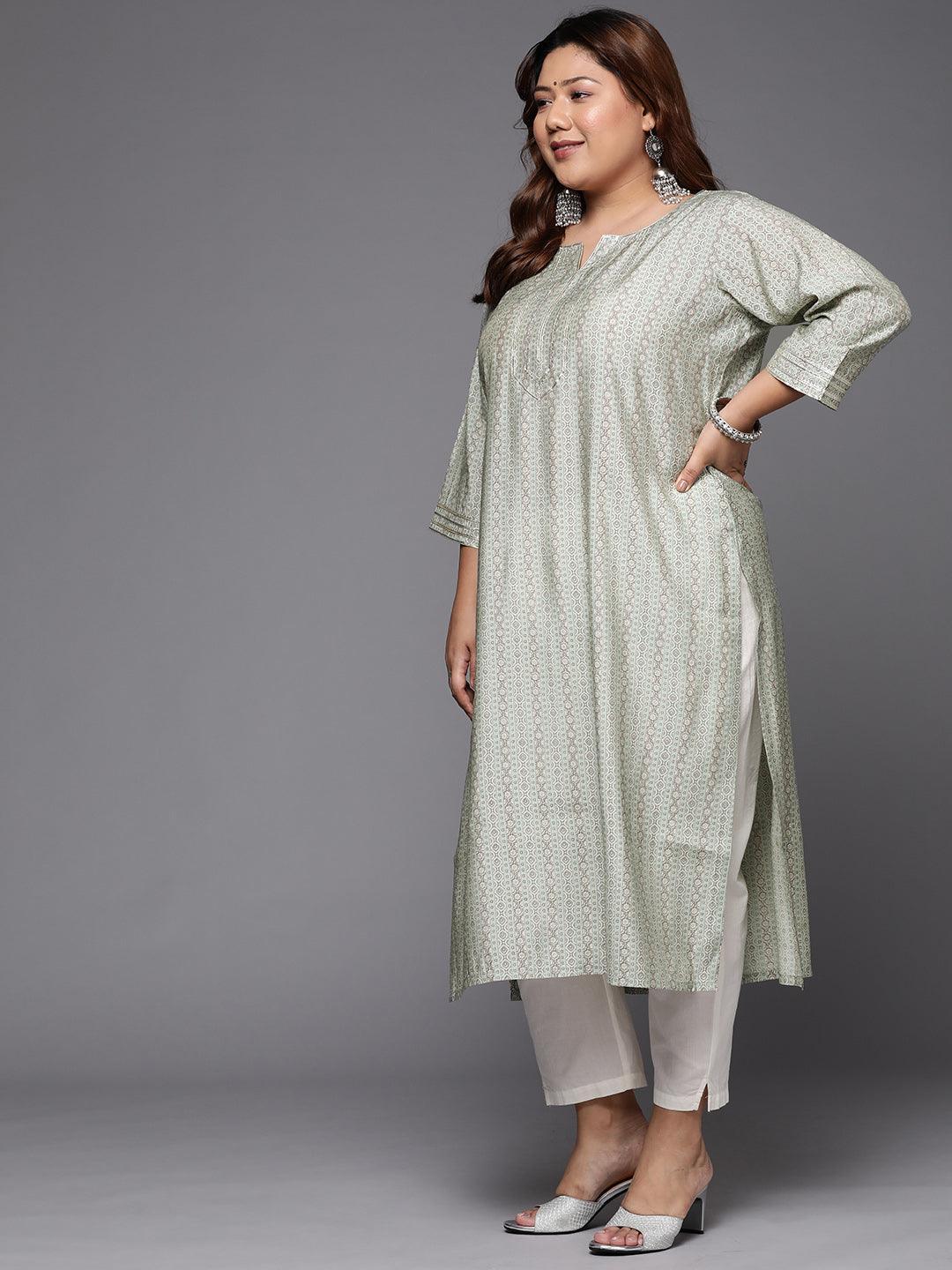 Plus Size Grey Printed Silk Straight Kurta