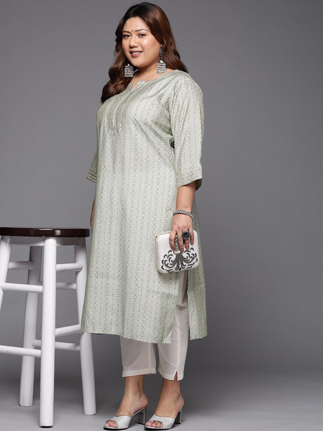 Plus Size Grey Printed Silk Straight Kurta