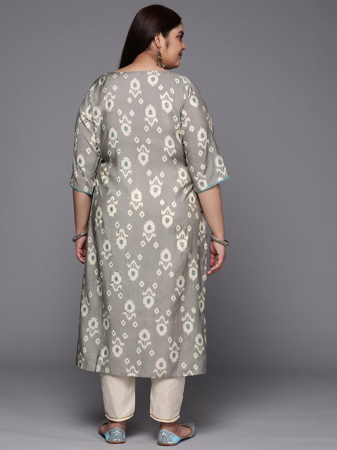 Plus Size Grey Printed Silk Straight Kurta