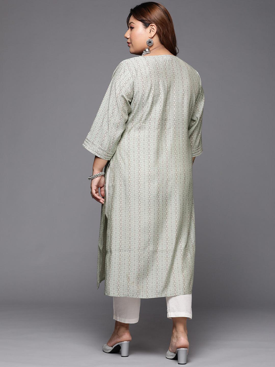 Plus Size Grey Printed Silk Straight Kurta