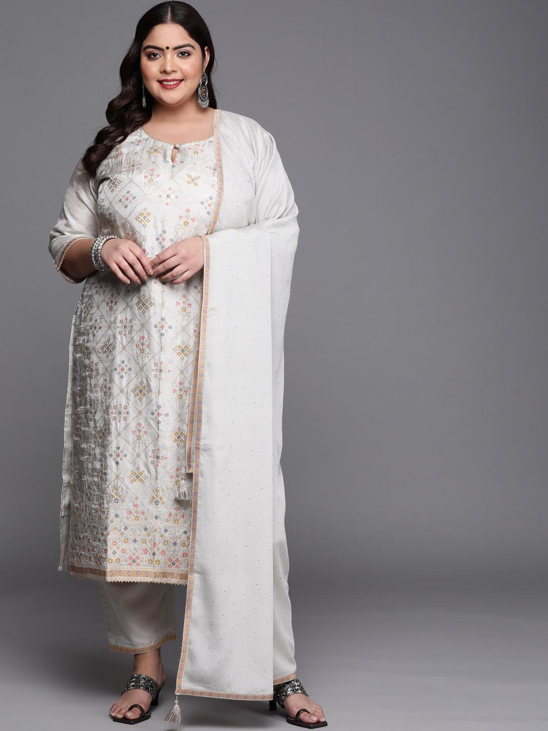 Plus Size Grey Woven Design Silk Blend Suit Set