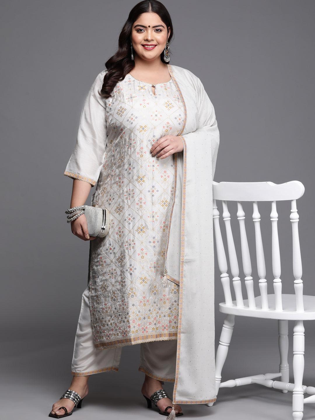 Plus Size Grey Woven Design Silk Blend Suit Set