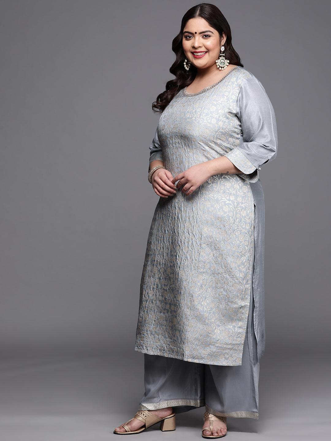 Plus Size Grey Woven Design Silk Blend Suit Set