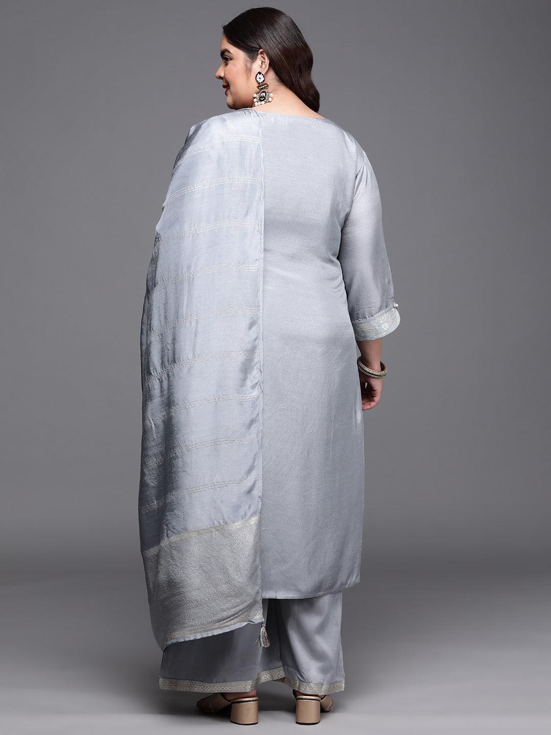 Plus Size Grey Woven Design Silk Blend Suit Set