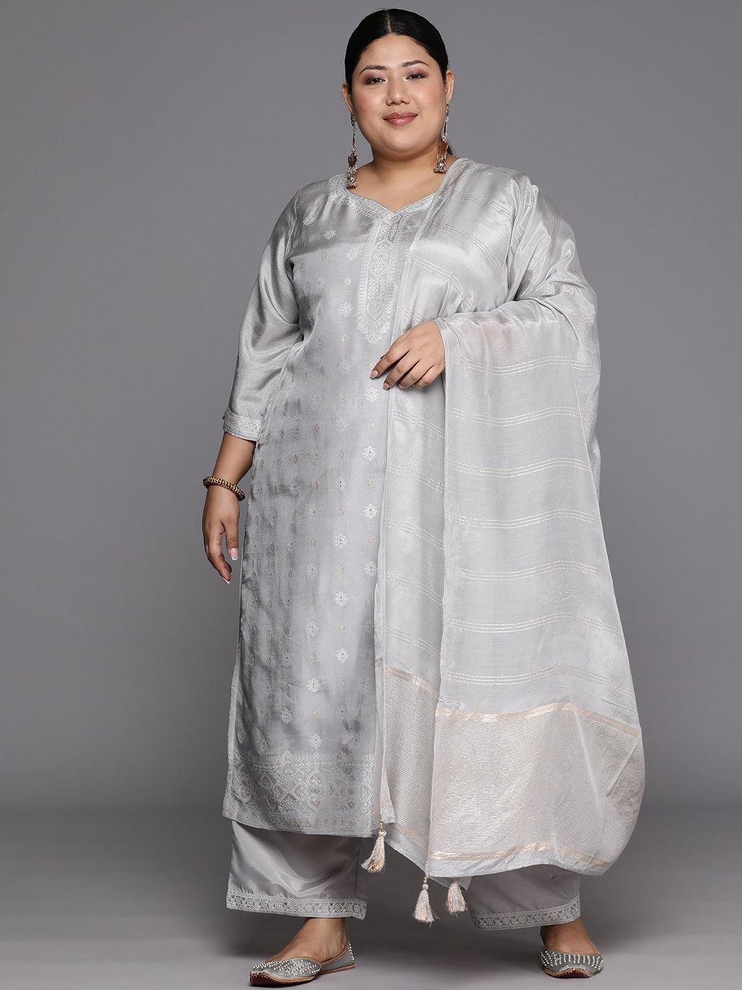 Plus Size Grey Woven Design Silk Blend Straight Kurta With Trousers & Dupatta