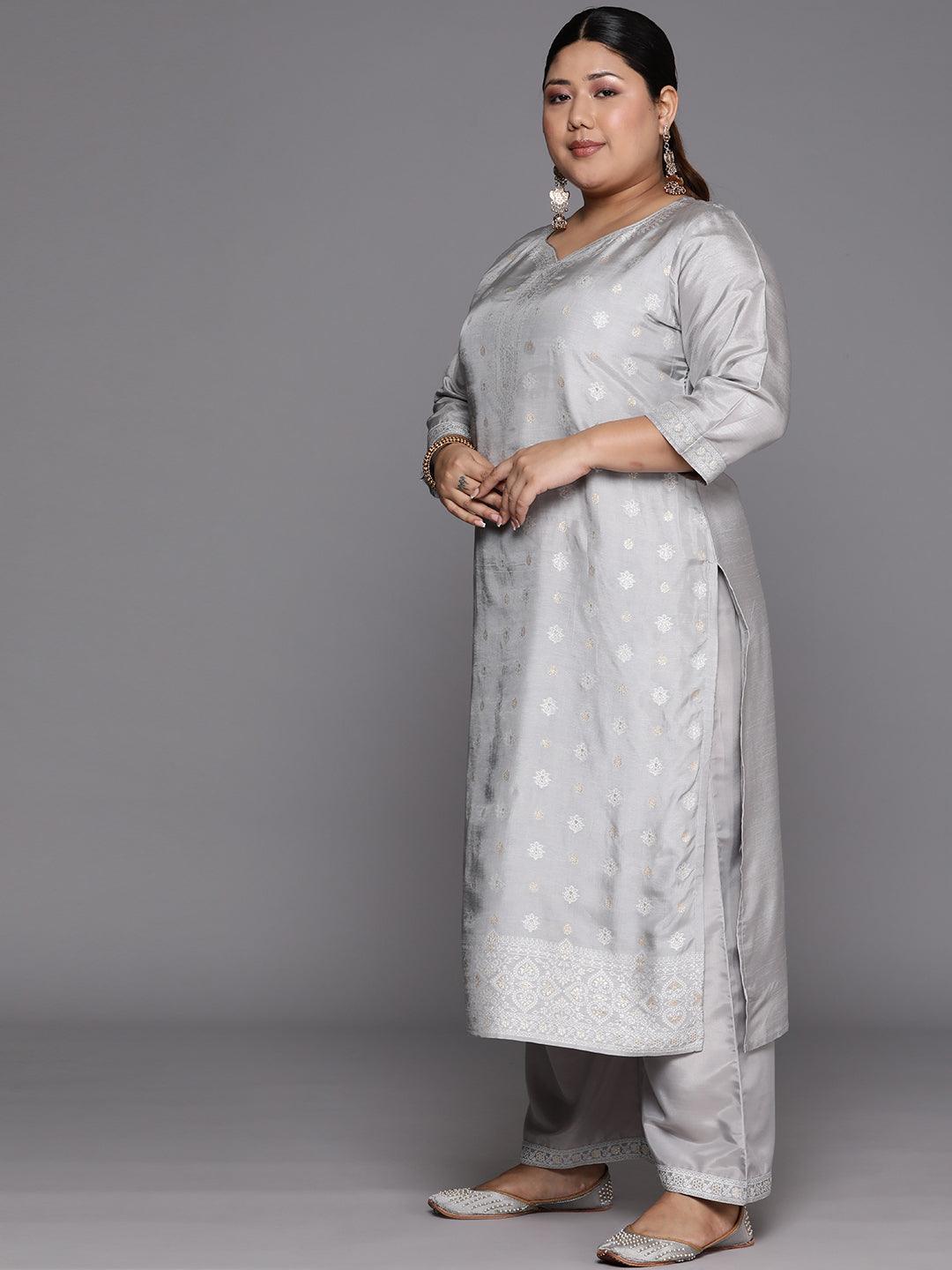 Plus Size Grey Woven Design Silk Blend Straight Kurta With Trousers & Dupatta