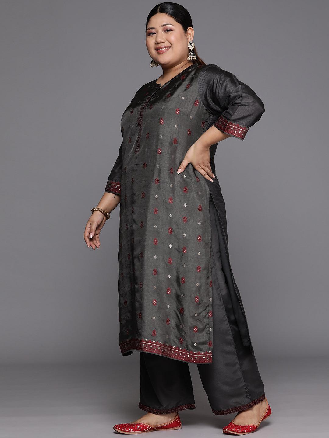 Plus Size Grey Woven Design Silk Blend Straight Kurta With Trousers & Dupatta