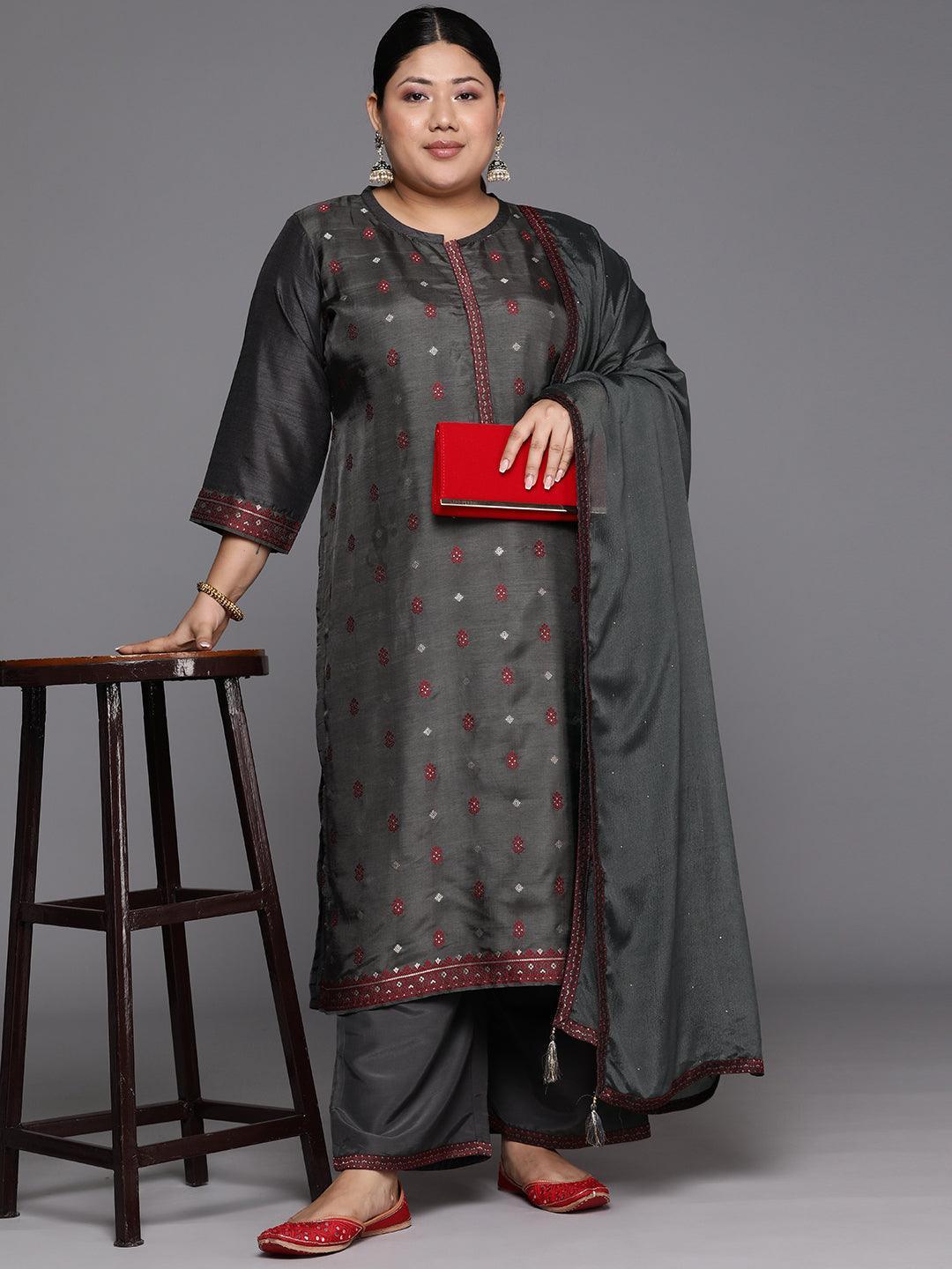 Plus Size Grey Woven Design Silk Blend Straight Kurta With Trousers & Dupatta