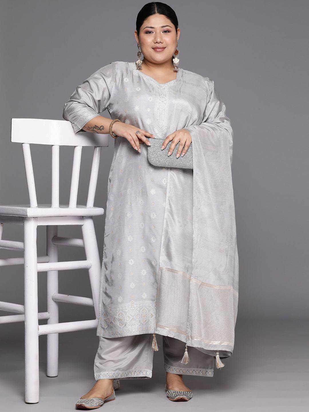 Plus Size Grey Woven Design Silk Blend Straight Kurta With Trousers & Dupatta