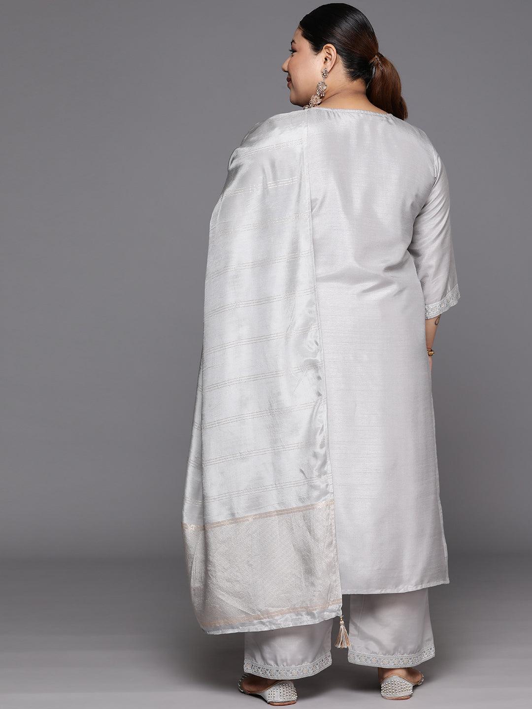 Plus Size Grey Woven Design Silk Blend Straight Kurta With Trousers & Dupatta