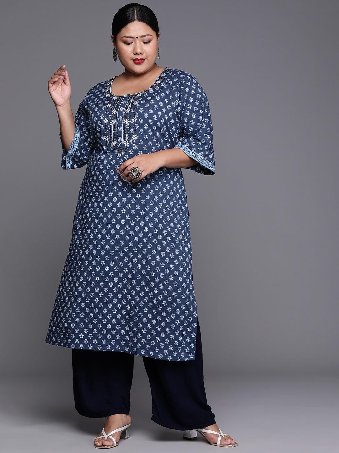 Plus Size Indigo Printed Cotton Kurta