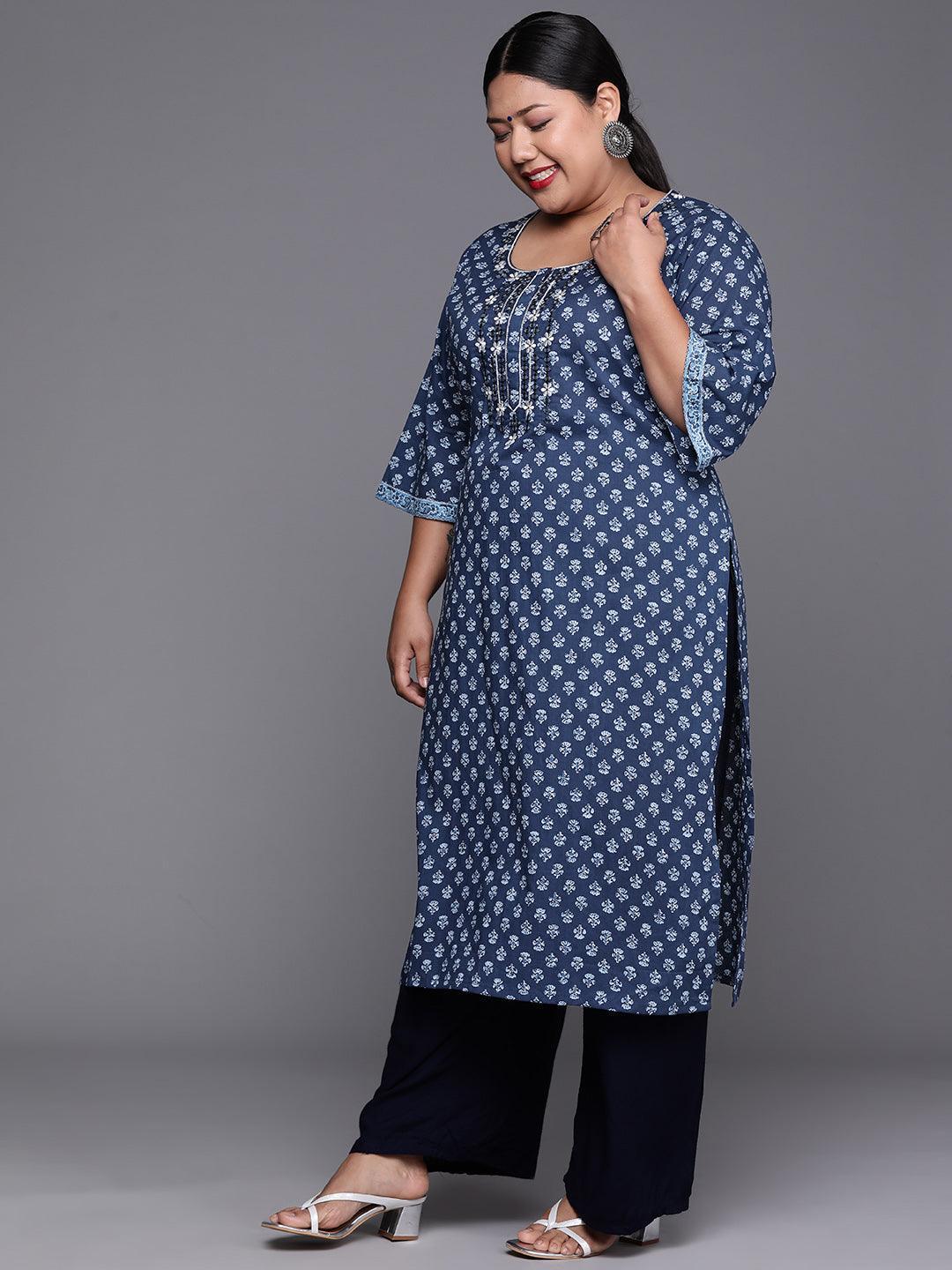 Plus Size Indigo Printed Cotton Kurta