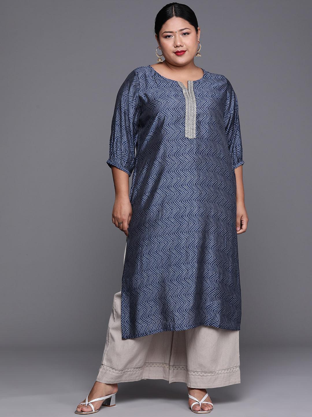 Plus Size Indigo Printed Silk Kurta