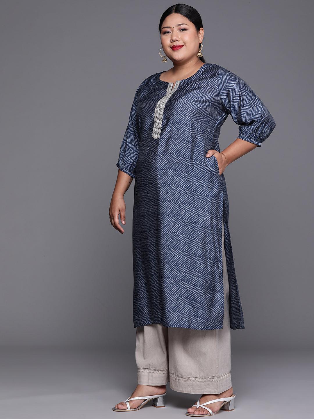 Plus Size Indigo Printed Silk Kurta