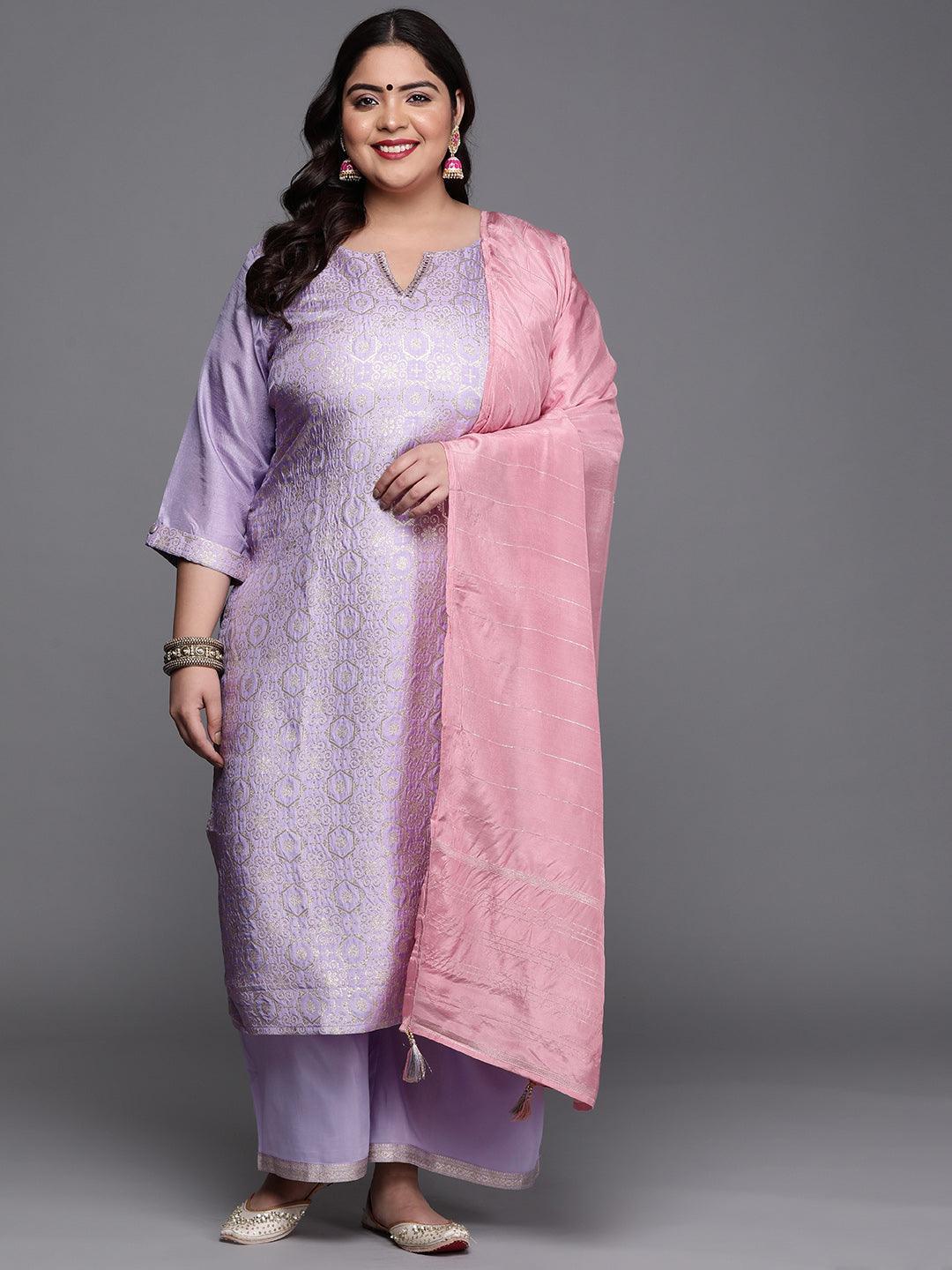 Plus Size Lavender Woven Design Silk Blend Suit Set