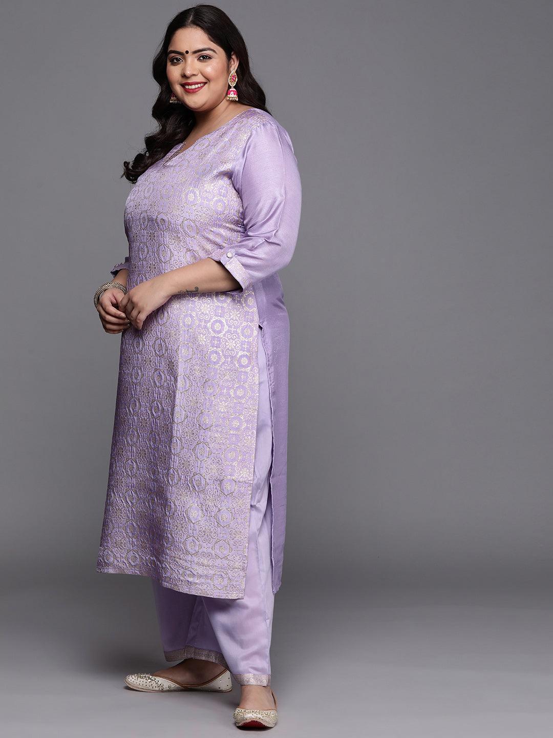 Plus Size Lavender Woven Design Silk Blend Suit Set