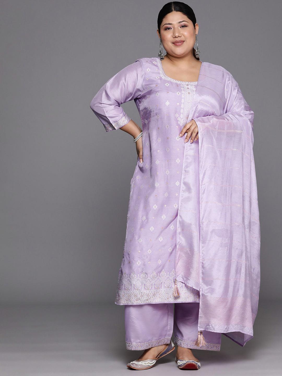 Plus Size Lavender Woven Design Silk Blend Straight Kurta With Trousers & Dupatta