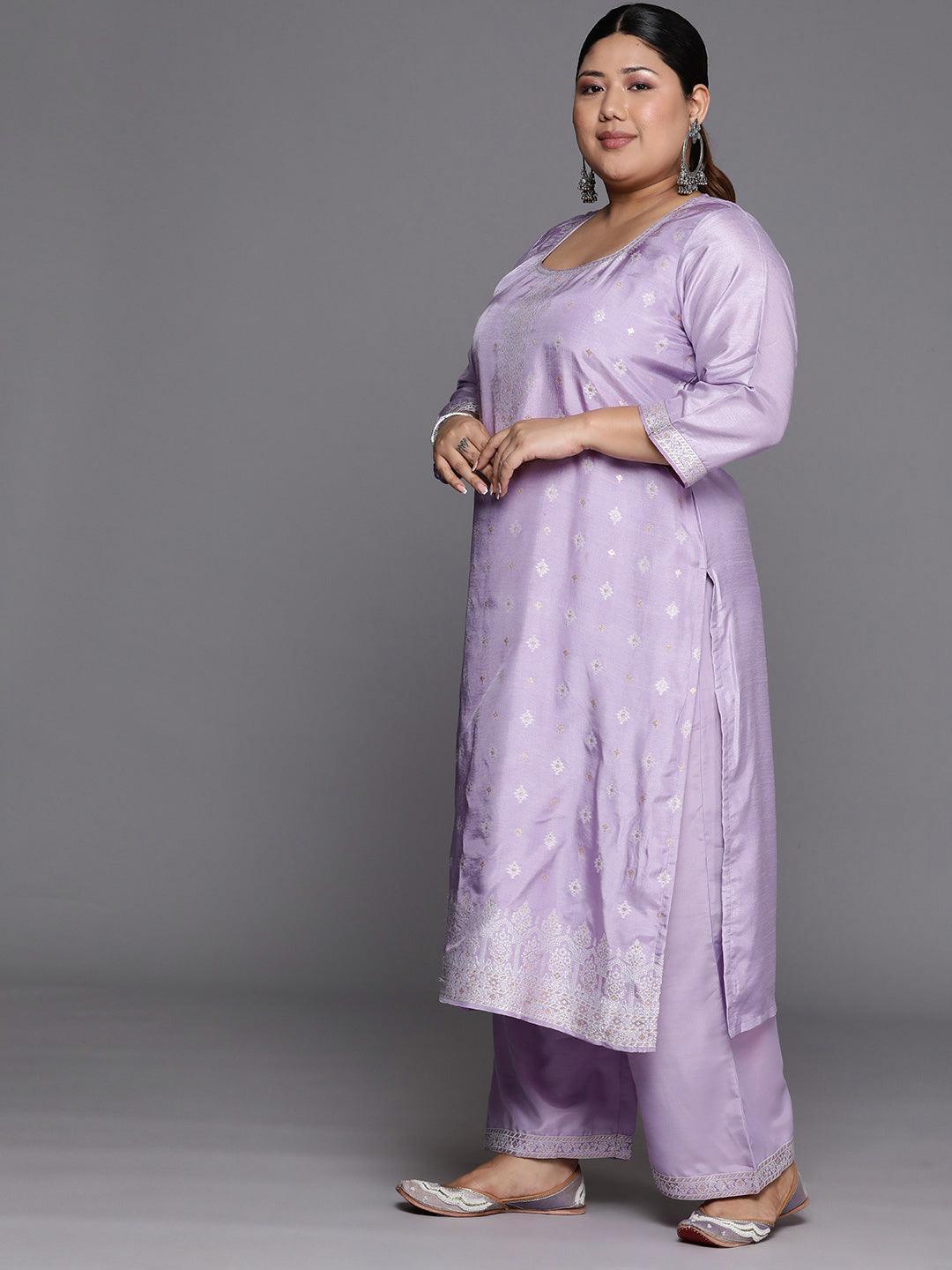 Plus Size Lavender Woven Design Silk Blend Straight Kurta With Trousers & Dupatta