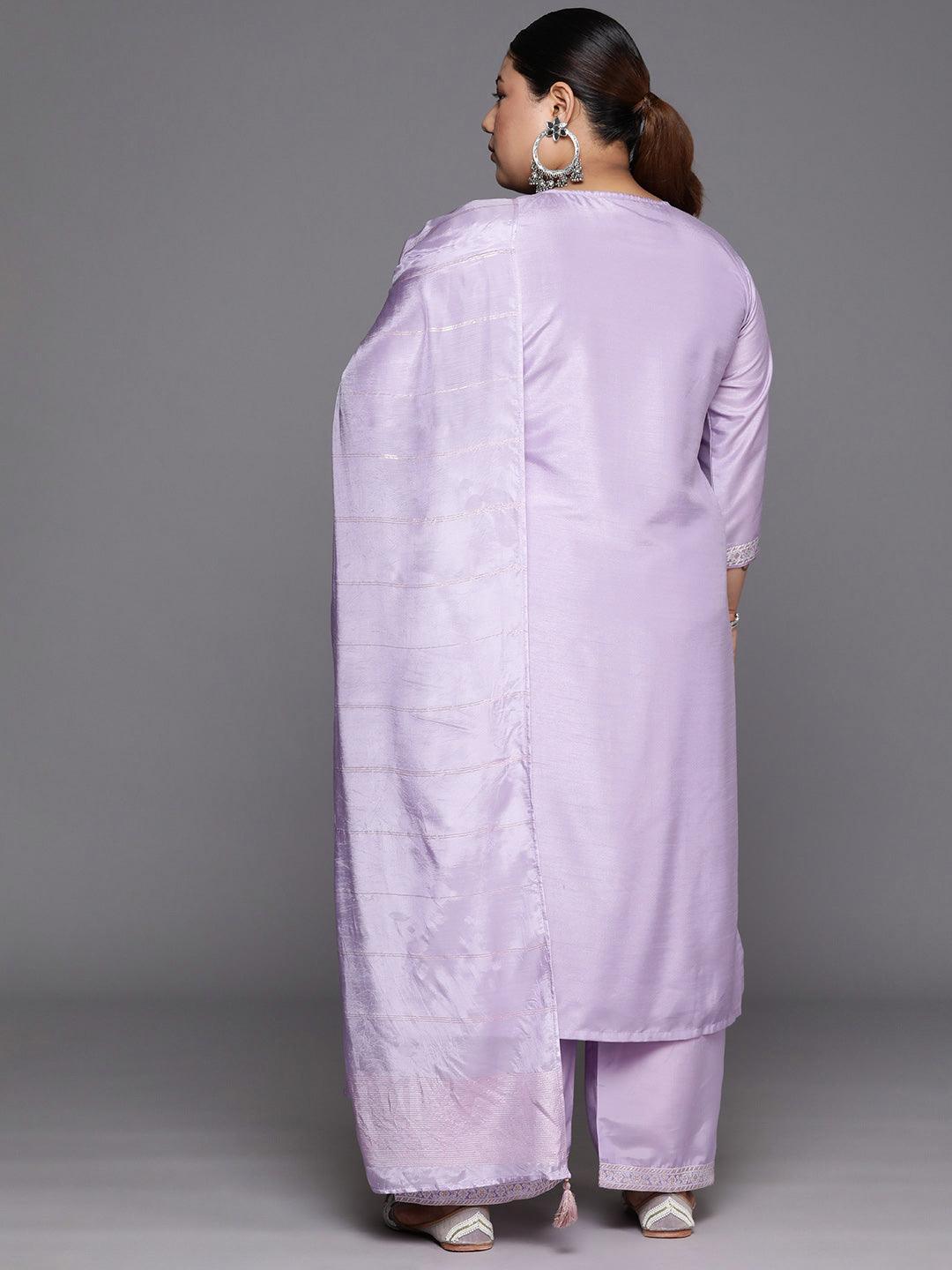 Plus Size Lavender Woven Design Silk Blend Straight Kurta With Trousers & Dupatta