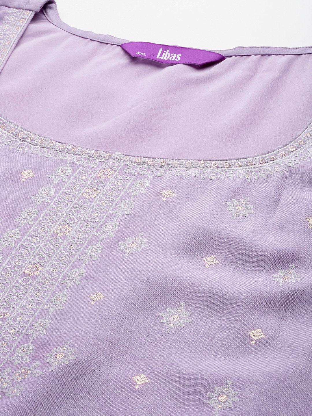 Plus Size Lavender Woven Design Silk Blend Straight Kurta With Trousers & Dupatta