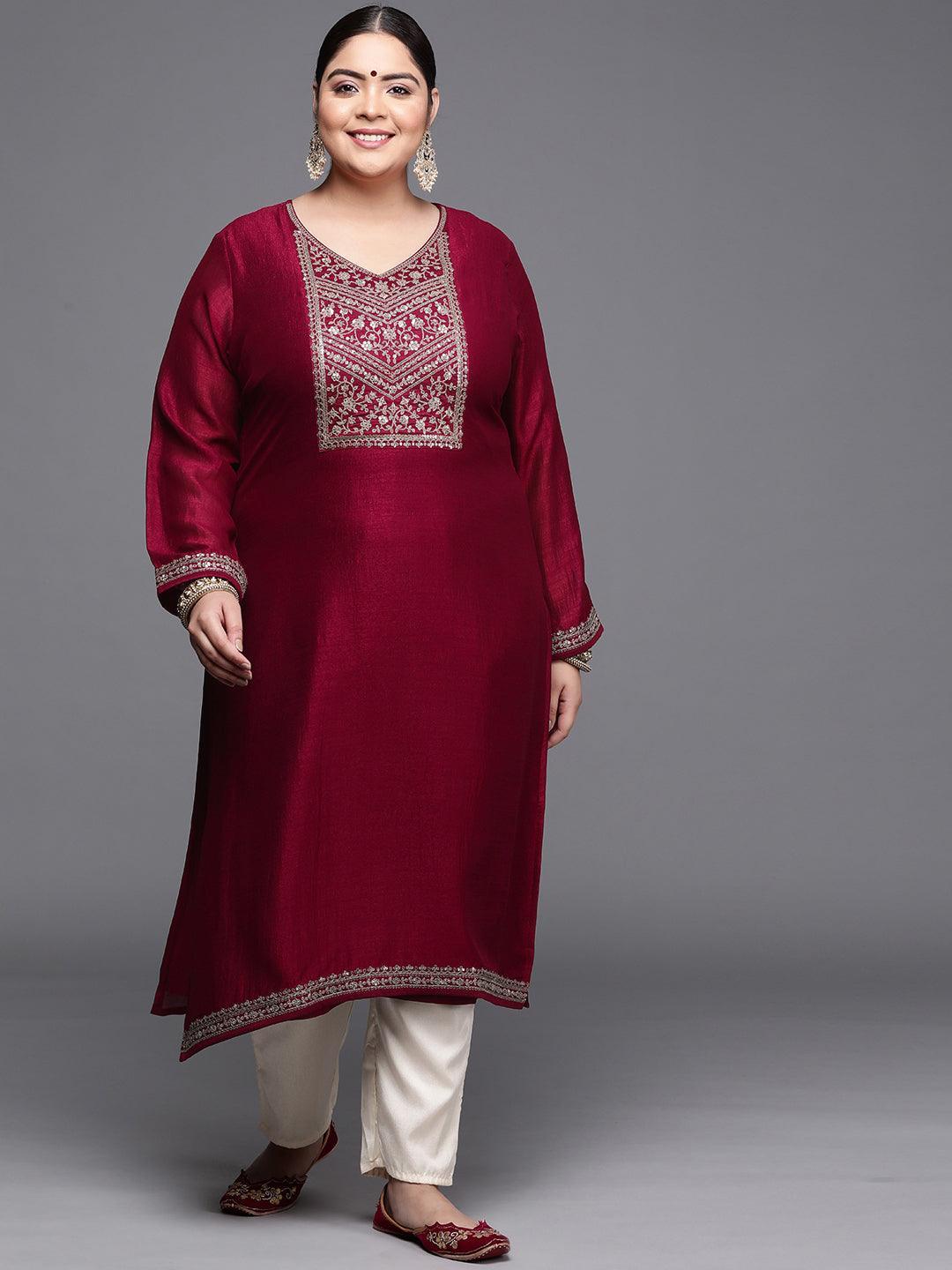 Plus Size Magenta Yoke Design Silk Kurta