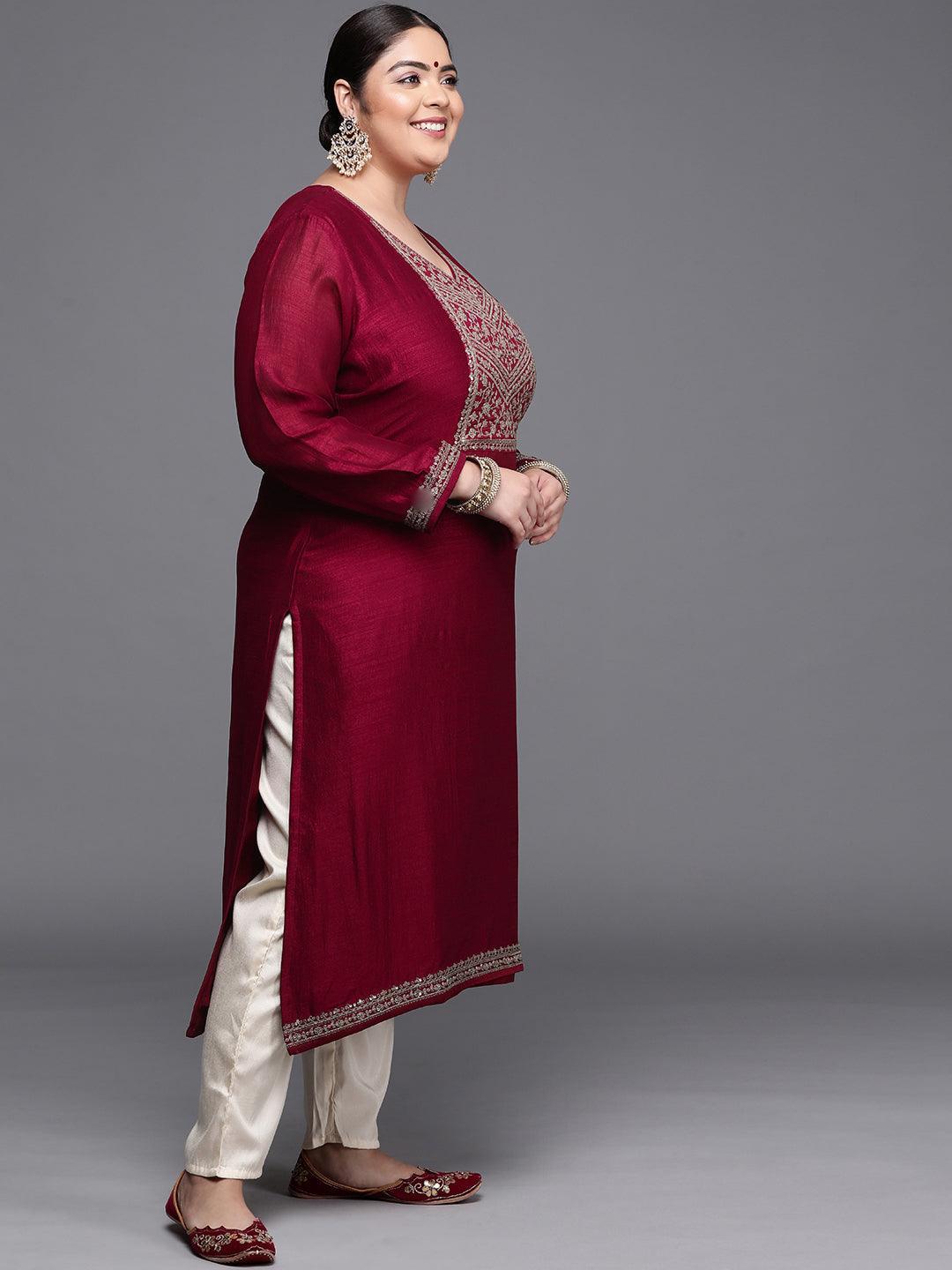 Plus Size Magenta Yoke Design Silk Kurta