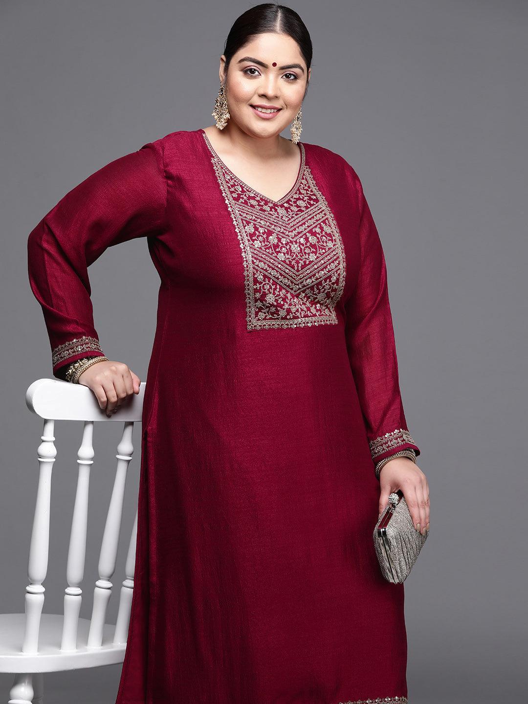 Plus Size Magenta Yoke Design Silk Kurta