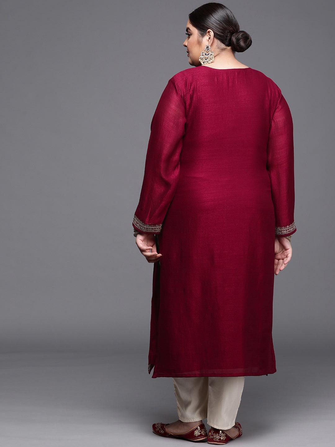 Plus Size Magenta Yoke Design Silk Kurta