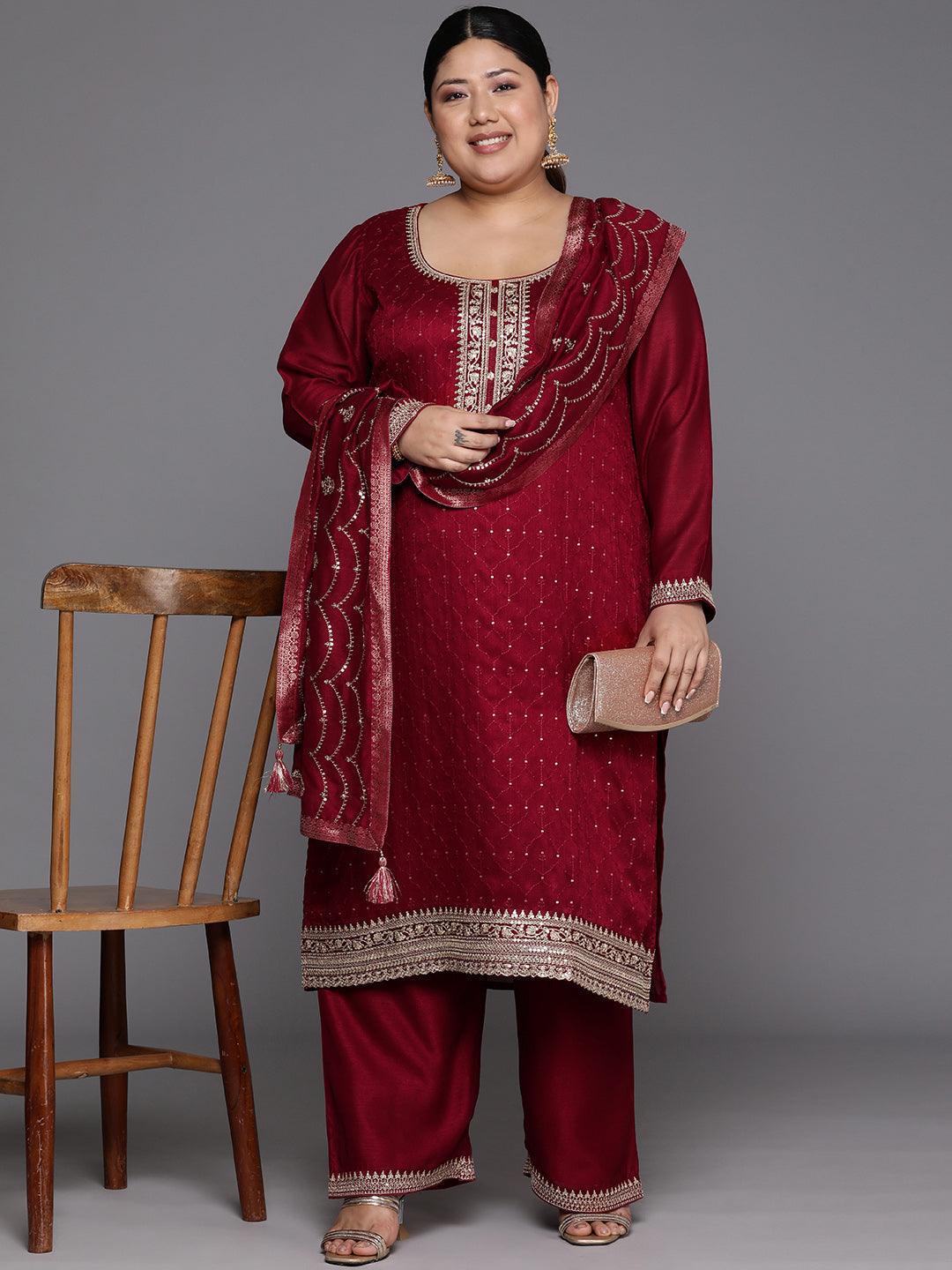 Plus Size Maroon Embroidered Silk Blend Straight Kurta With Trousers & Dupatta