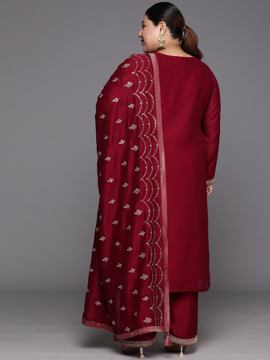 Plus Size Maroon Embroidered Silk Blend Straight Kurta With Trousers & Dupatta