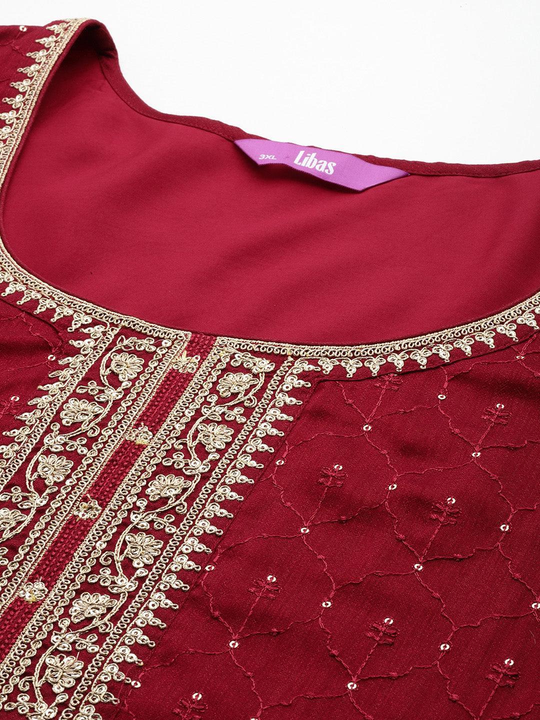 Plus Size Maroon Embroidered Silk Blend Straight Kurta With Trousers & Dupatta