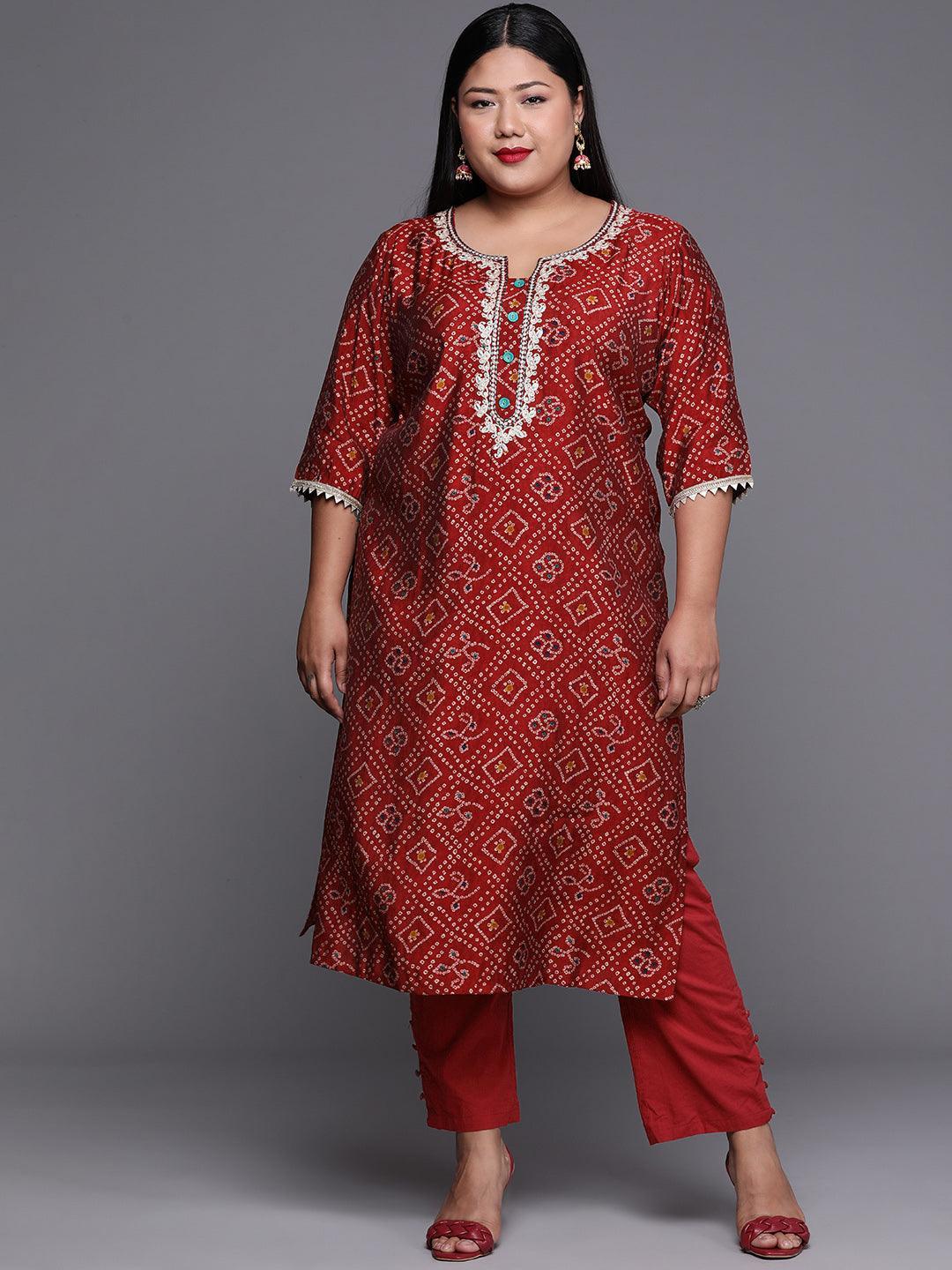 Plus Size Maroon Printed Chanderi Silk Kurta