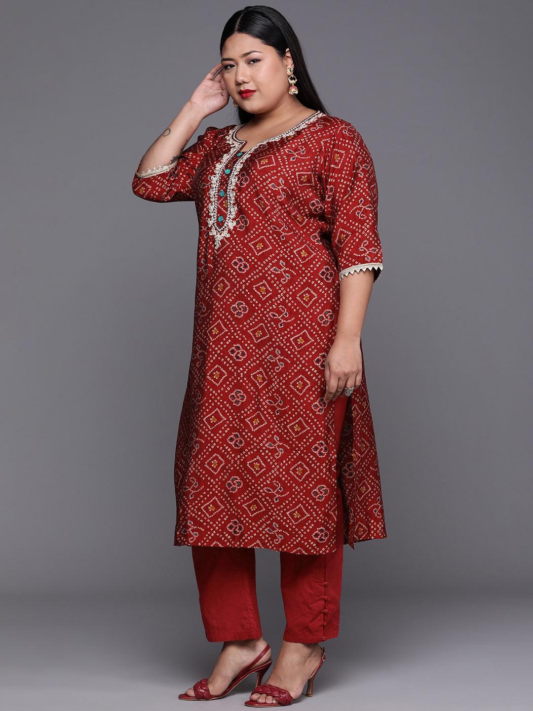 Plus Size Maroon Printed Chanderi Silk Kurta