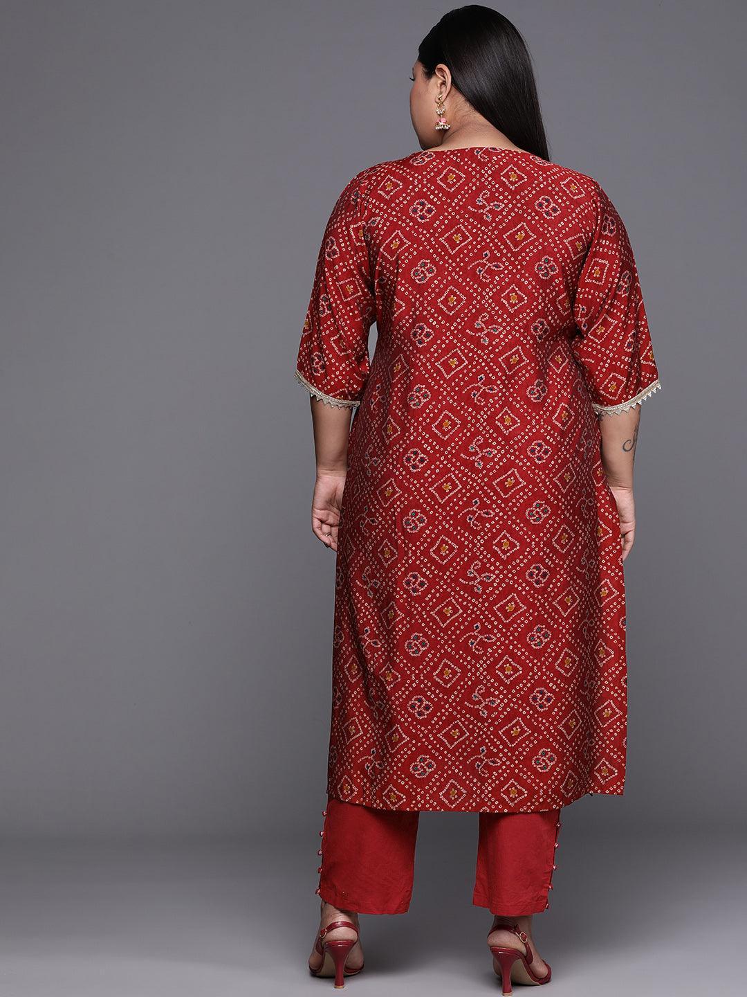 Plus Size Maroon Printed Chanderi Silk Kurta