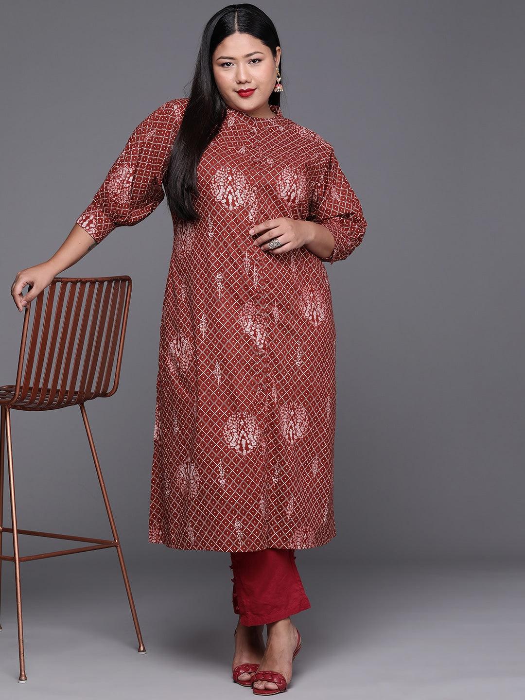 Plus Size Maroon Printed Cotton Kurta