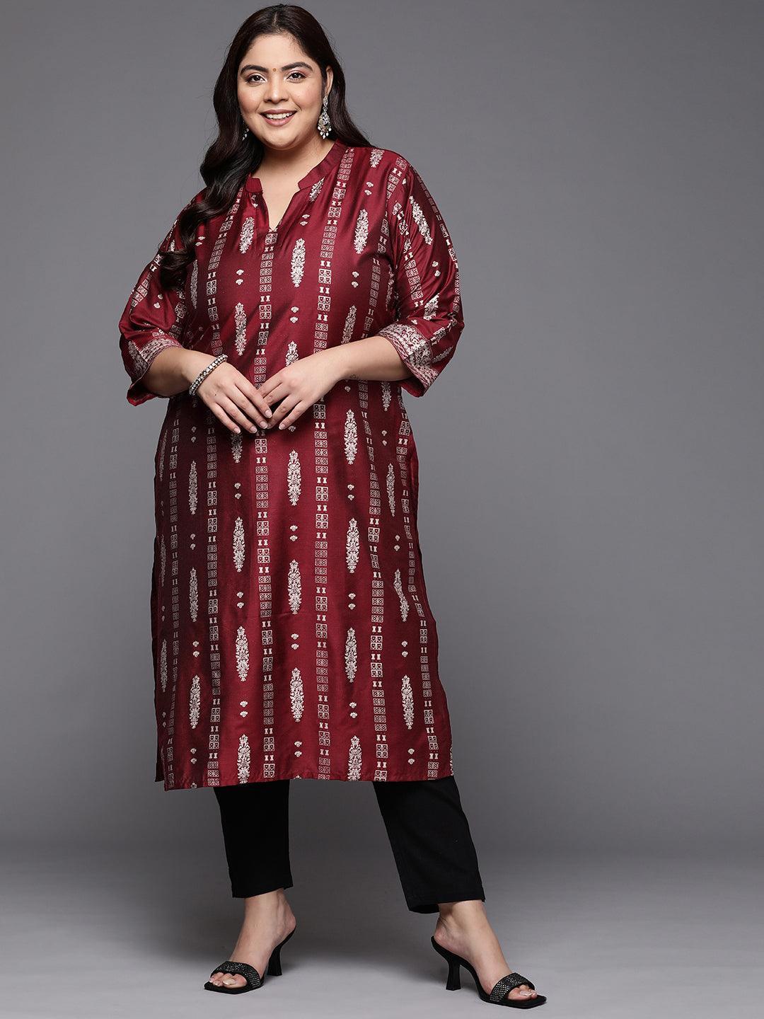 Plus Size Maroon Printed Silk Straight Kurta