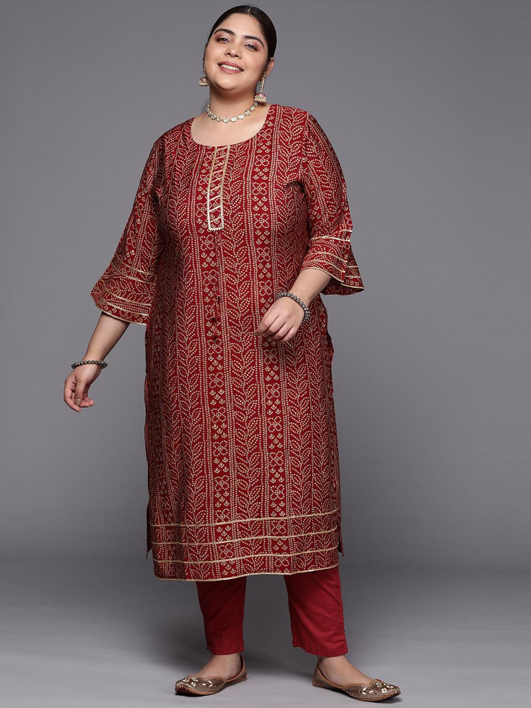 Plus Size Maroon Printed Silk Straight Kurta