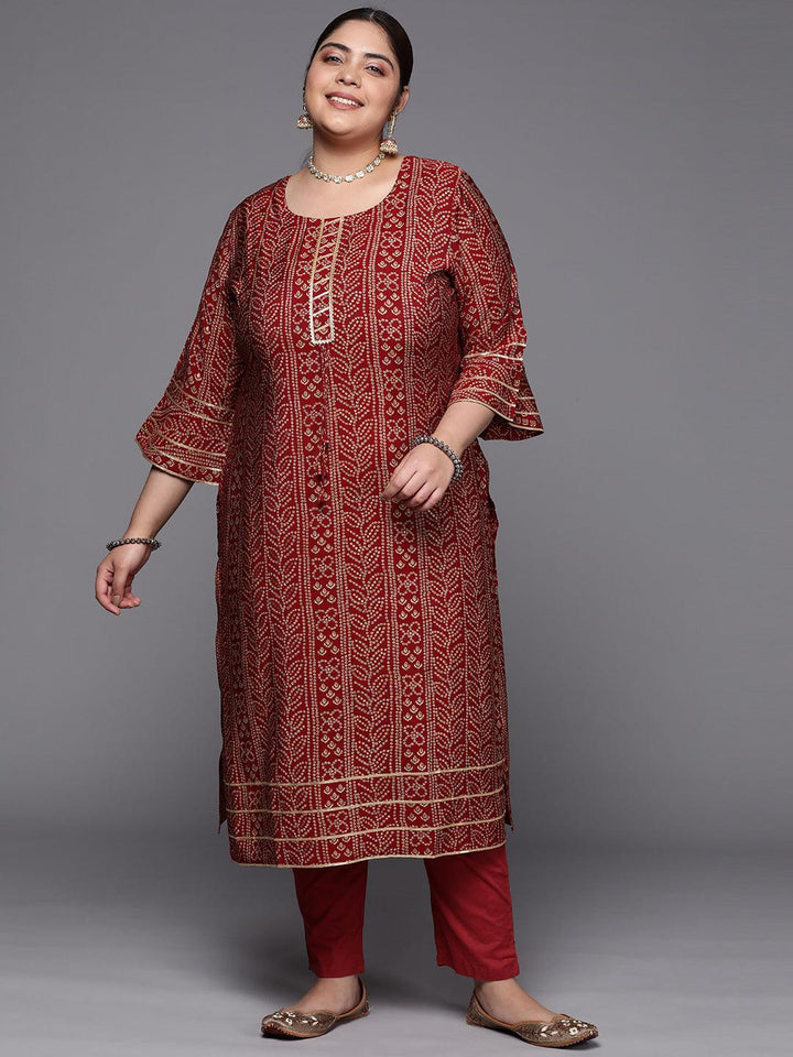 Plus Size Maroon Printed Silk Straight Kurta - ShopLibas