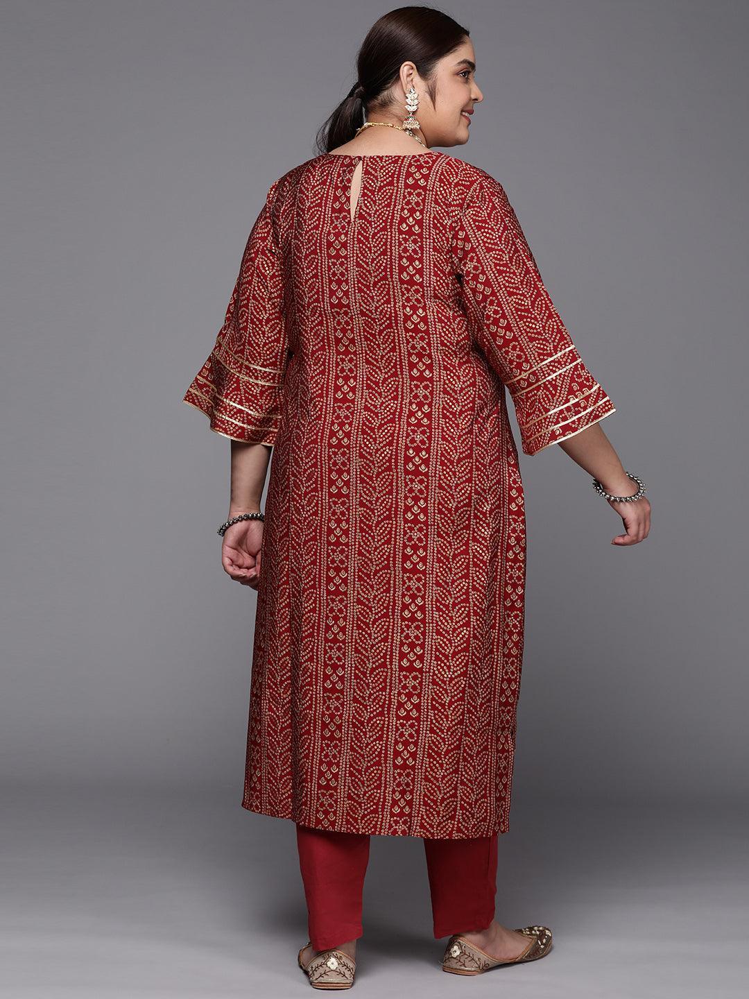 Plus Size Maroon Printed Silk Straight Kurta