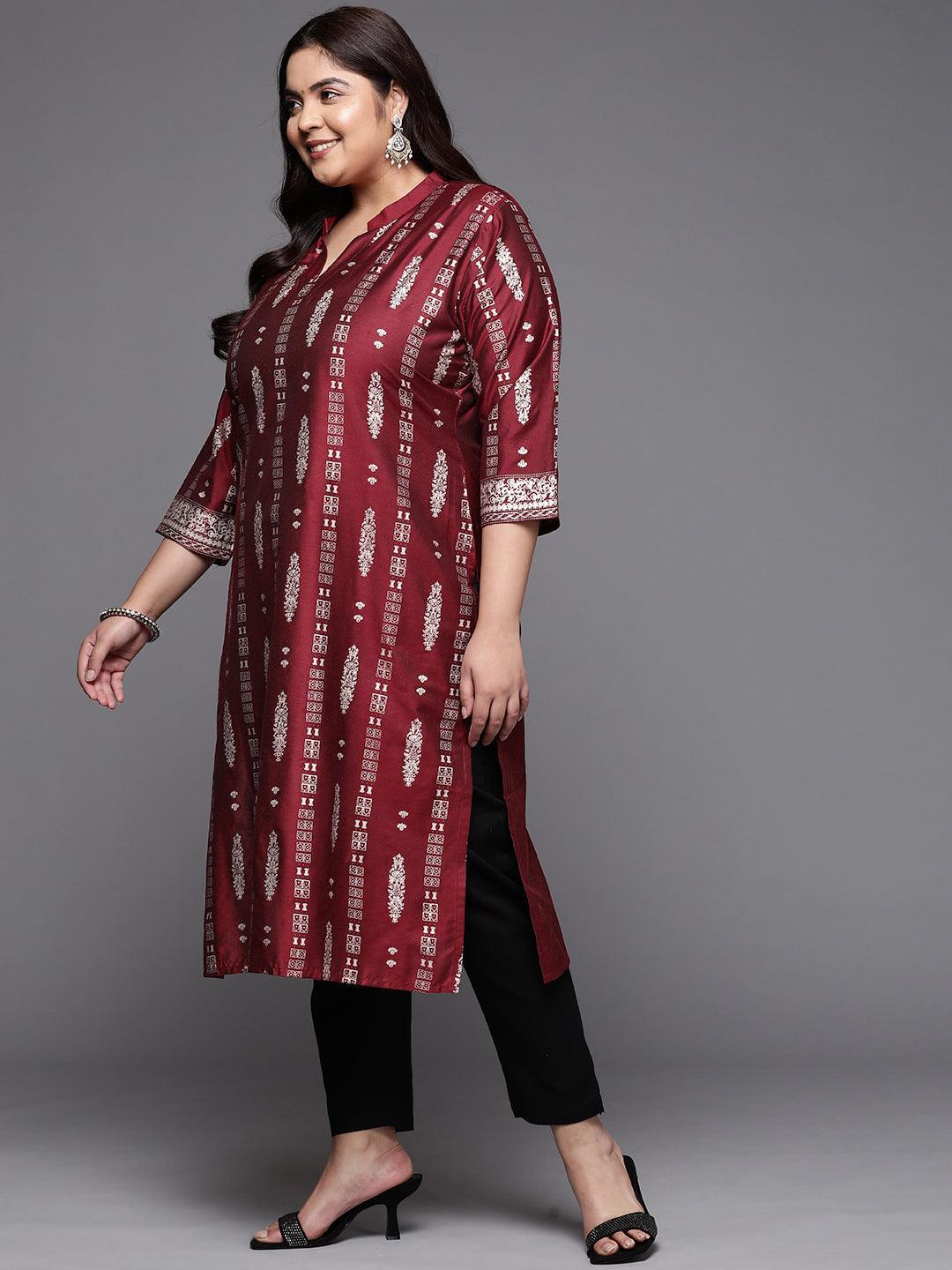 Plus Size Maroon Printed Silk Straight Kurta