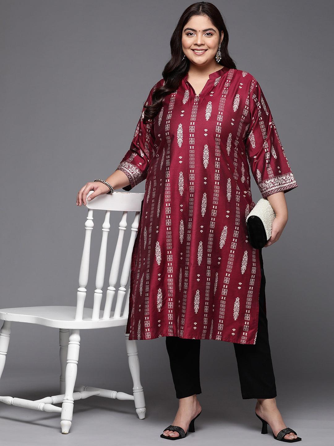 Plus Size Maroon Printed Silk Straight Kurta