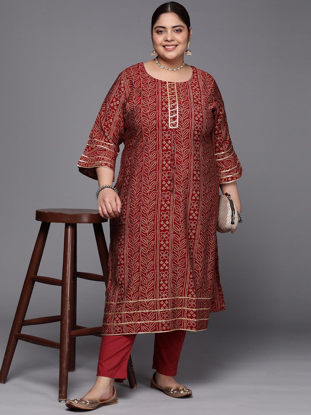 Plus Size Maroon Printed Silk Straight Kurta