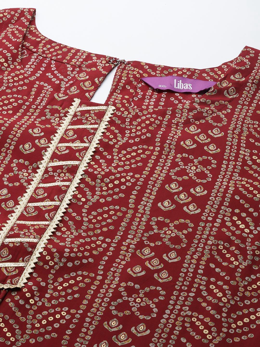 Plus Size Maroon Printed Silk Straight Kurta