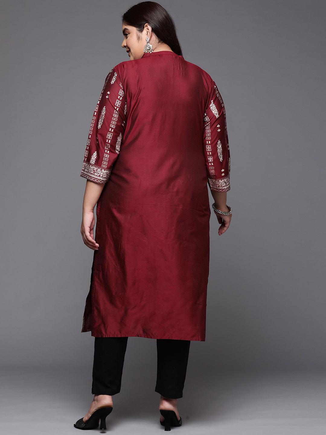 Plus Size Maroon Printed Silk Straight Kurta