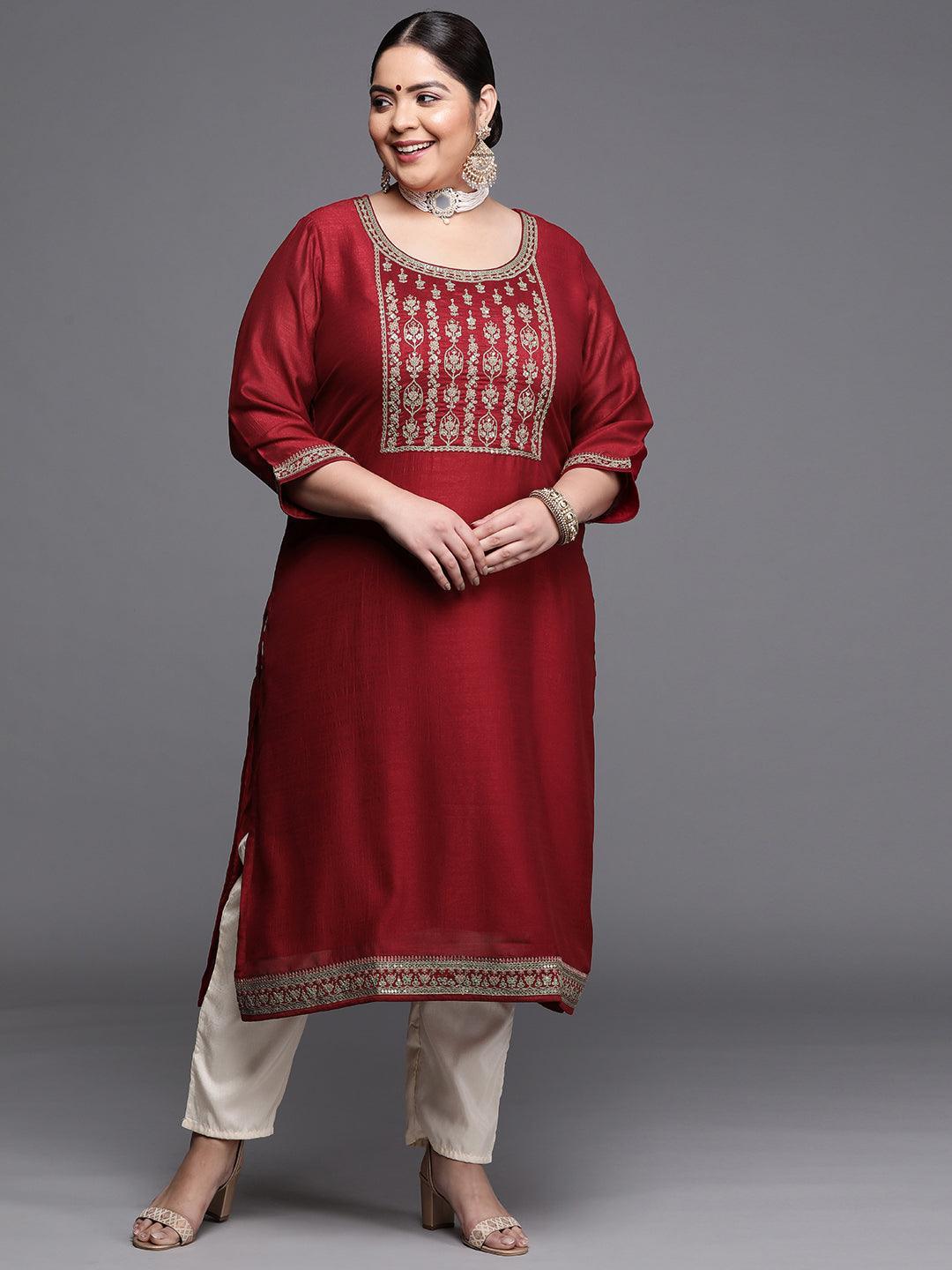 Plus Size Maroon Yoke Design Silk Kurta