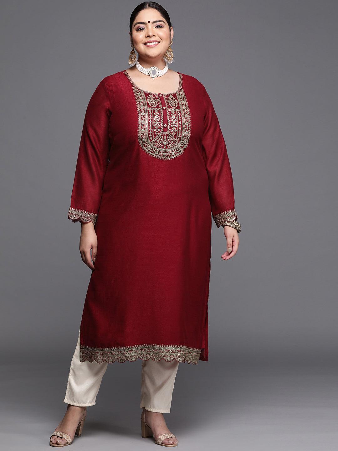 Plus Size Maroon Yoke Design Silk Kurta