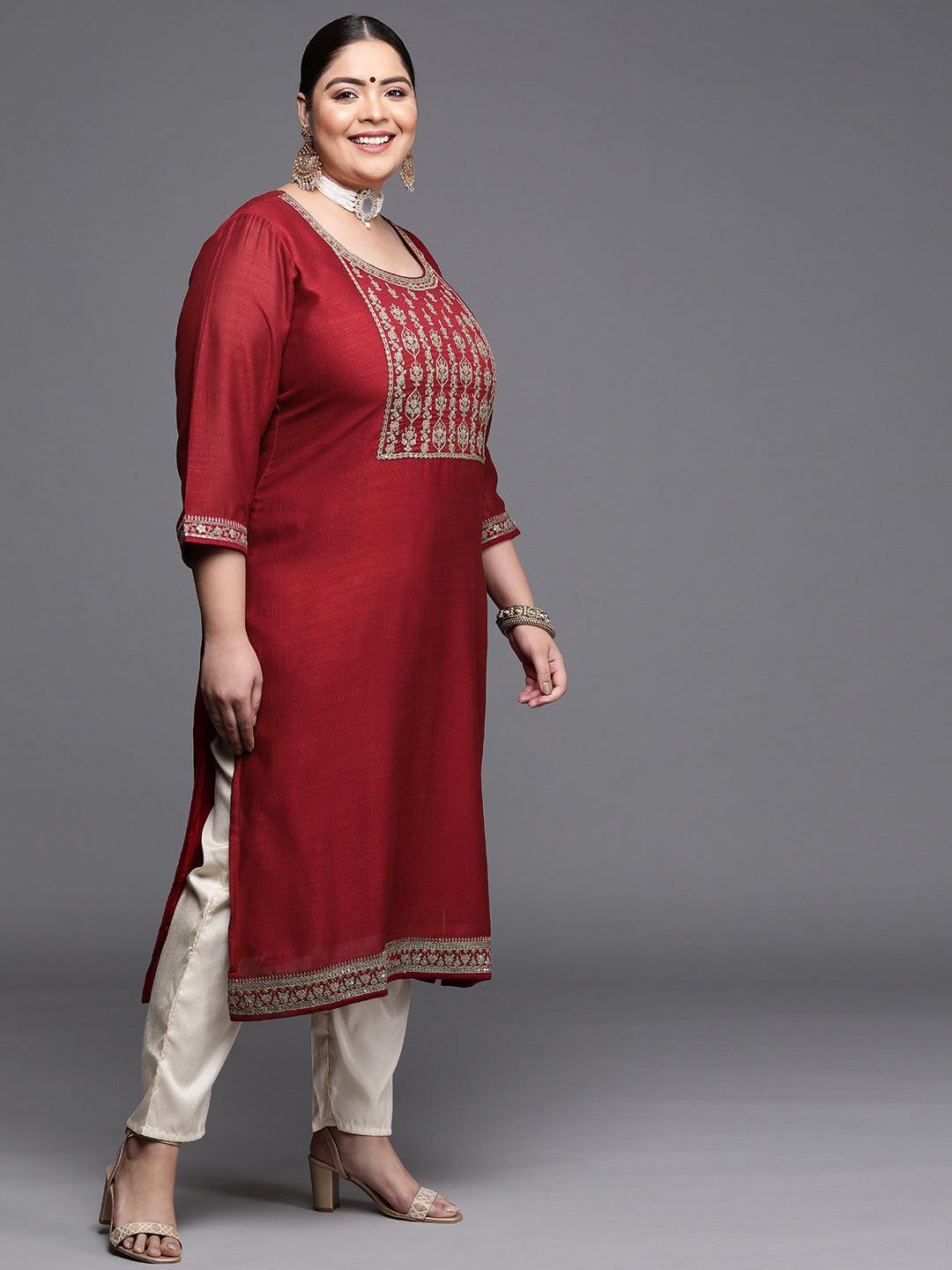 Plus Size Maroon Yoke Design Silk Kurta